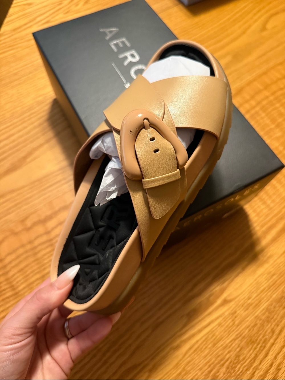 AEROSOLES Lago Tan Buckle Crossover Slide Sandal